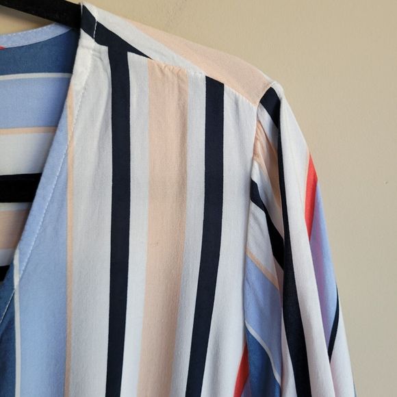 Lane Bryant Womens Blouse Size 16 Blue Stripes V Neck Popover Drawstring Waist - Picture 3 of 8